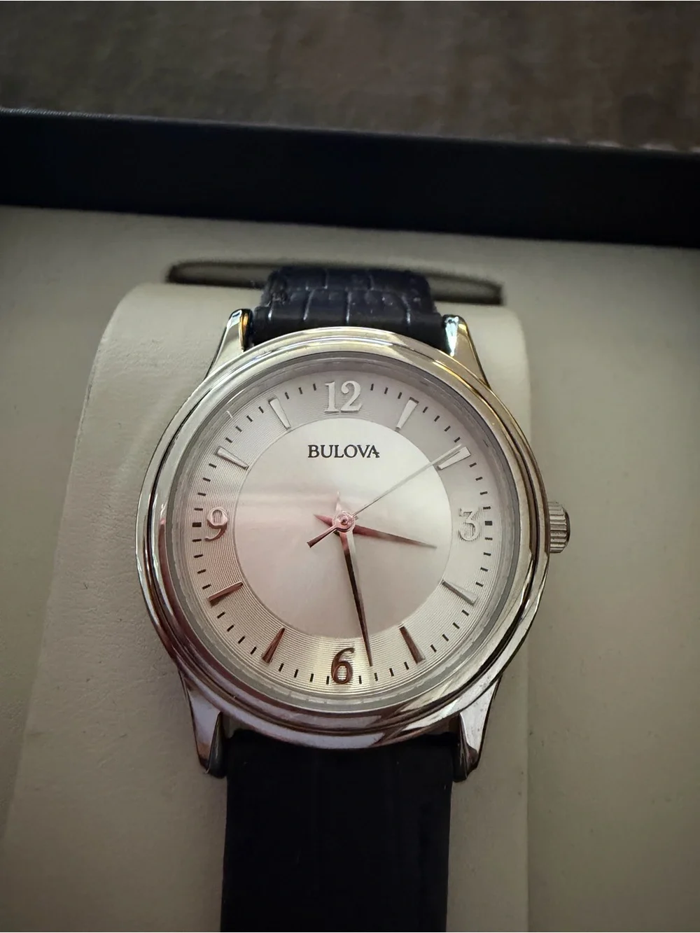 Bulova Silver Dial Watch with Black Leather Strap